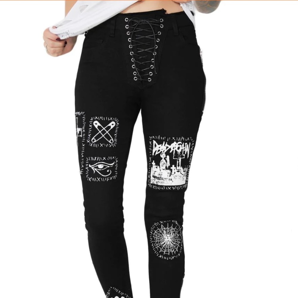 Dolls Kill Black Skinny Patchwork Gothic Jeans - Picture 9 of 14